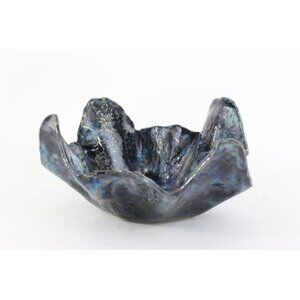 Signed Studio Pottery Ruffle Bowl • Sculptural Organic Form • Blue Crystalline G